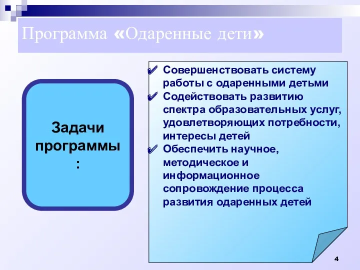 Программа «Одаренные дети» Задачи программы: Совершенствовать систему работы с одаренными