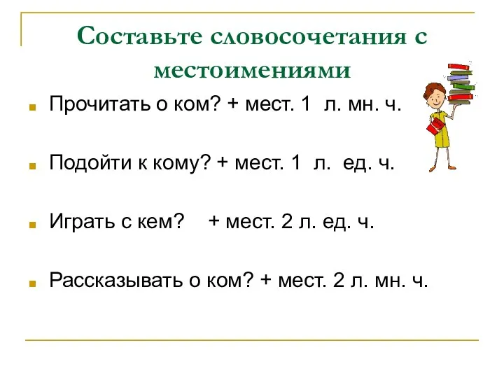 Составьте словосочетания с местоимениями Прочитать о ком? + мест. 1