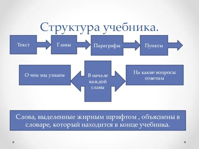 Структура учебника. Текст Главы Параграфы Пункты В начале каждой главы