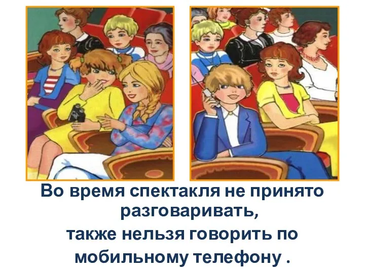 Во время спектакля не принято разговаривать, также нельзя говорить по мобильному телефону .