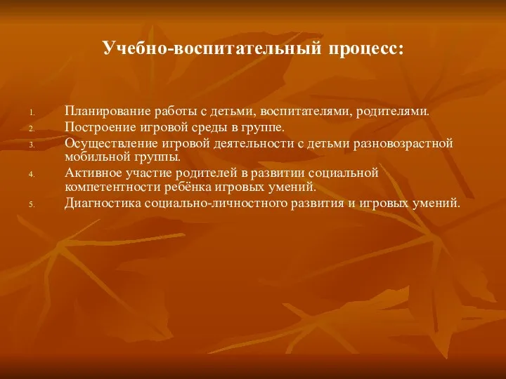 Учебно-воспитательный процесс: Планирование работы с детьми, воспитателями, родителями. Построение игровой