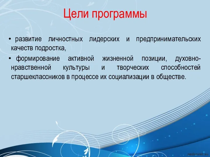 Цели программы развитие личностных лидерских и предпринимательских качеств подростка, формирование