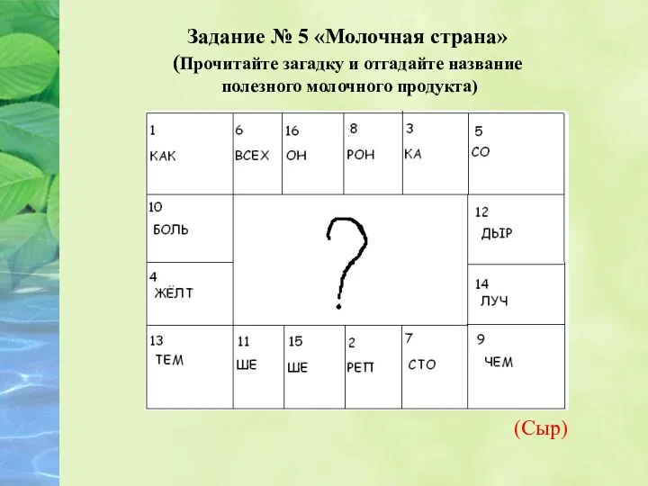 Задание № 5 «Молочная страна» (Прочитайте загадку и отгадайте название полезного молочного продукта) (Сыр)