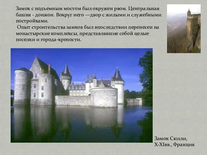 Замок Сюлли, X-XIвв., Франция Замок с подъемным мостом был окружен рвом. Центральная башня