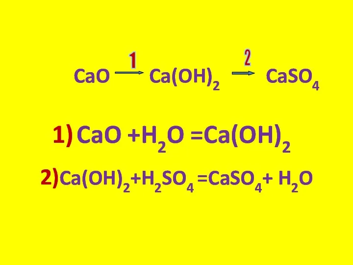 CaO Ca(OH)2 CaSO4 1 2 1) CaO +H2O =Ca(OH)2 2)Ca(OH)2+H2SO4 =CaSO4+ H2O