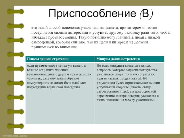 Приспособление (В) это такой способ поведения участника конфликта, при котором он готов поступиться