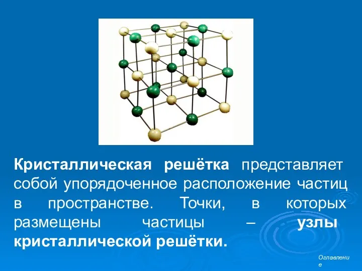 Кристаллическая решётка представляет собой упорядоченное расположение частиц в пространстве. Точки, в которых размещены