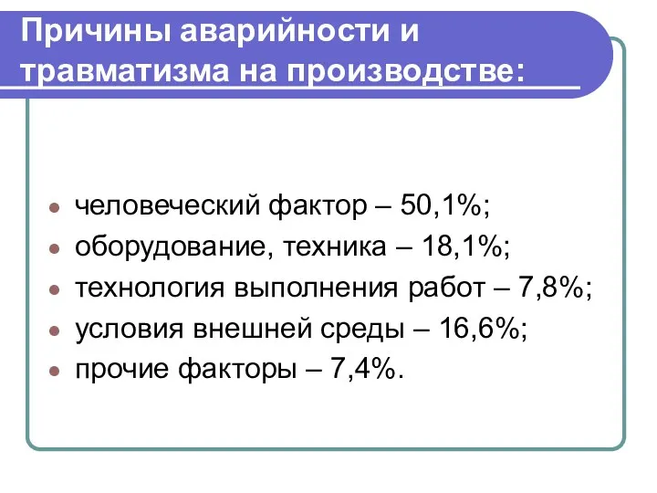 Причины аварийности и травматизма на производстве: человеческий фактор – 50,1%;