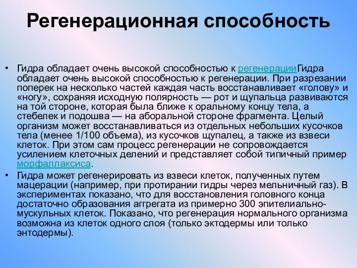 Регенерационная способность Гидра обладает очень высокой способностью к регенерацииГидра обладает