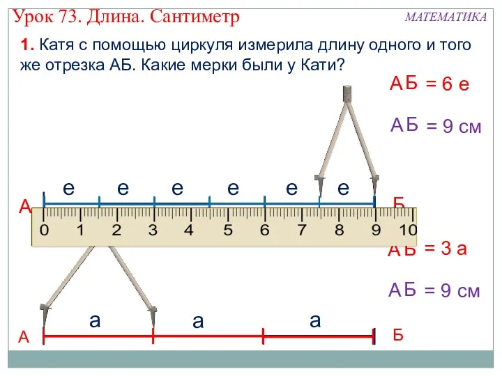 1. Катя с помощью циркуля измерила длину одного и того же отрезка АБ.
