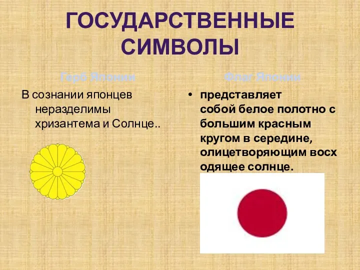 Государственные символы Герб Японии В сознании японцев неразделимы хризантема и Солнце.. Флаг Японии