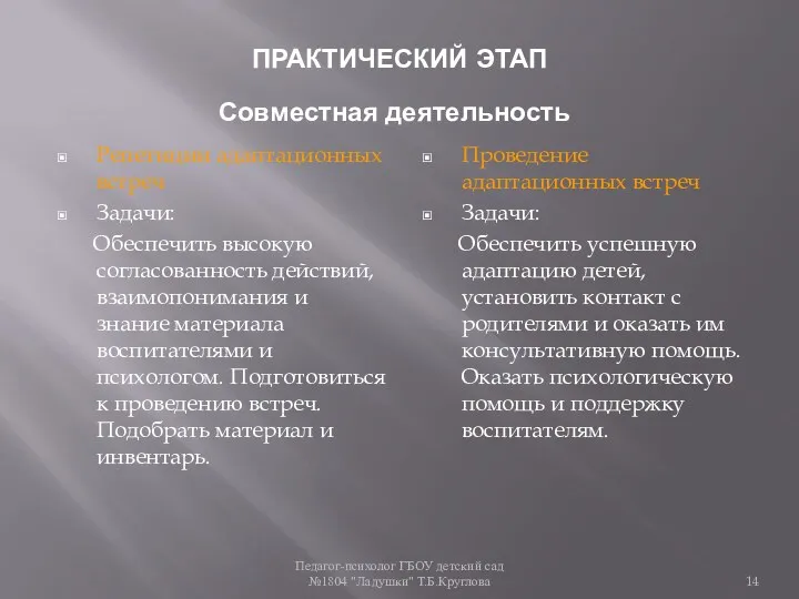 Педагог-психолог ГБОУ детский сад №1804 "Ладушки" Т.Б.Круглова ПРАКТИЧЕСКИЙ ЭТАП Репетиции