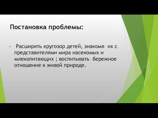 Постановка проблемы: Расширять кругозор детей, знакомя их с представителями мира