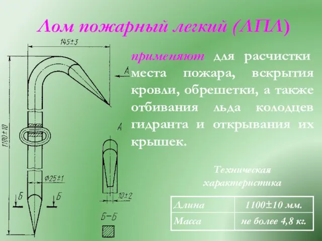 Лом пожарный легкий (ЛПЛ) Техническая характеристика применяют для расчистки места