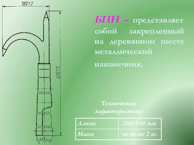 БПН - представляет собой закрепленный на деревянном шесте металлический наконечник. Техническая характеристика