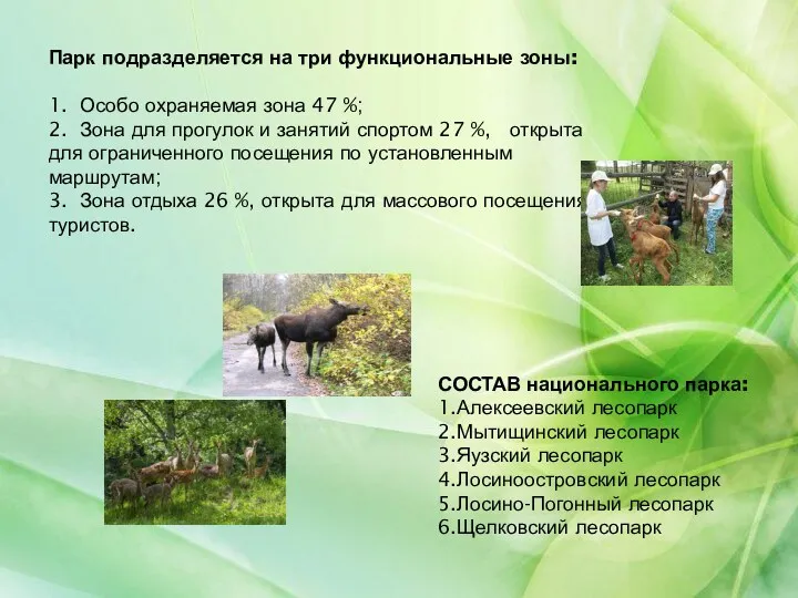 Парк подразделяется на три функциональные зоны: 1. Особо охраняемая зона