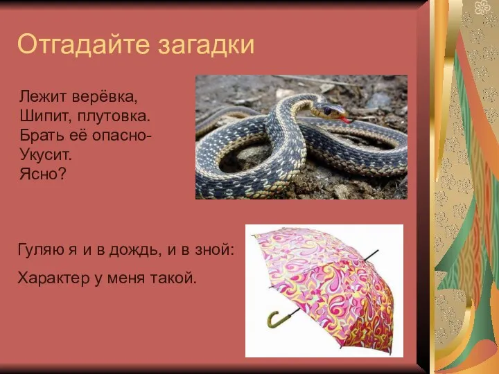 Отгадайте загадки Лежит верёвка, Шипит, плутовка. Брать её опасно- Укусит.