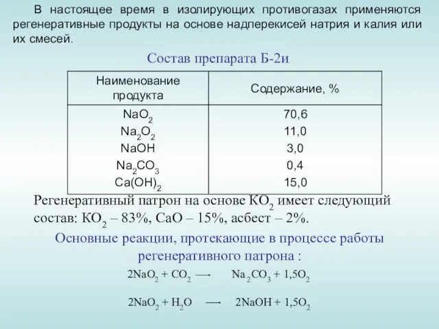 В настоящее время в изолирующих противогазах применяются регенеративные продукты на