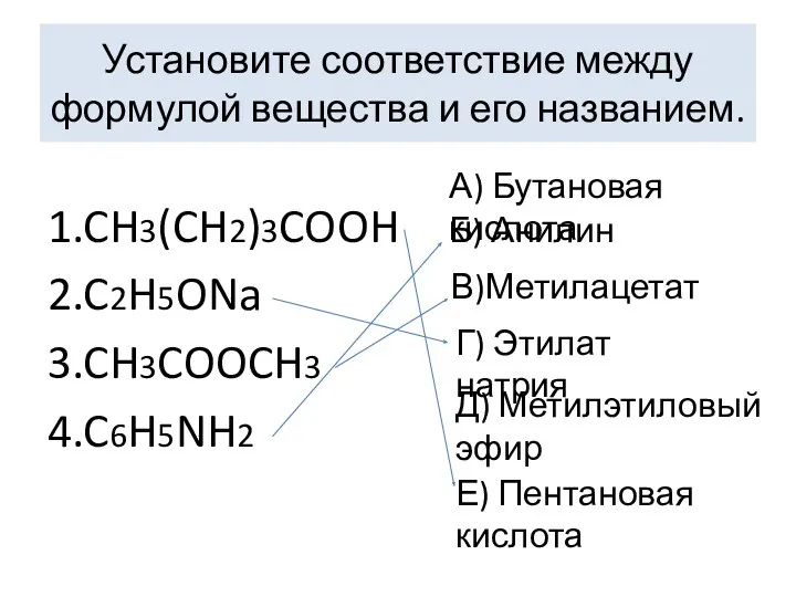 Установите соответствие между формулой вещества и его названием. 1.CH3(CH2)3COOH 2.C2H5ONa