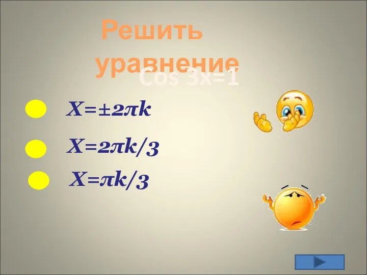 Решить уравнение X=±2πk Cos 3x=1 X=πk/3 X=2πk/3