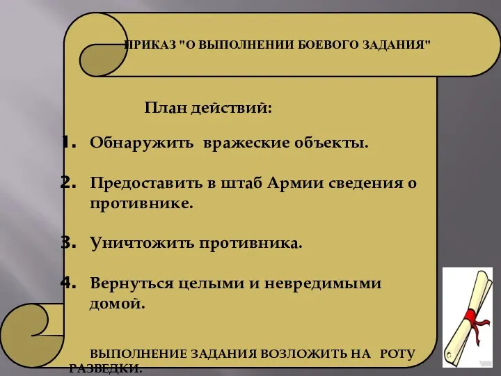 ПРИКАЗ "О ВЫПОЛНЕНИИ БОЕВОГО ЗАДАНИЯ" План действий: Обнаружить вражеские объекты.