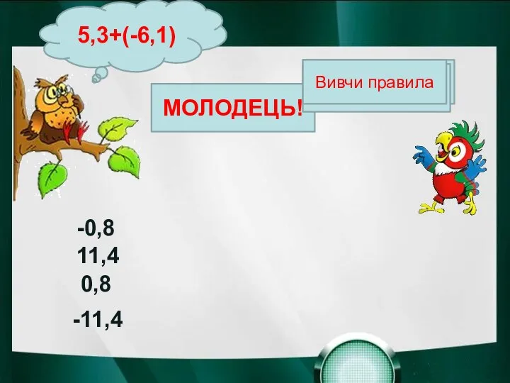 Вивчи правила МОЛОДЕЦЬ! Вивчи правила Вивчи правила 5,3+(-6,1) 11,4 -0,8 0,8 -11,4