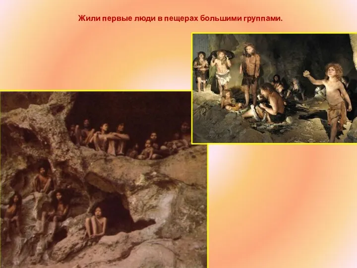 Жили первые люди в пещерах большими группами.