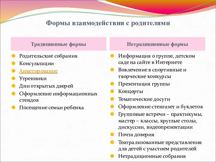 Формы взаимодействия с родителями Традиционные формы Нетрадиционные формы Родительские собрания