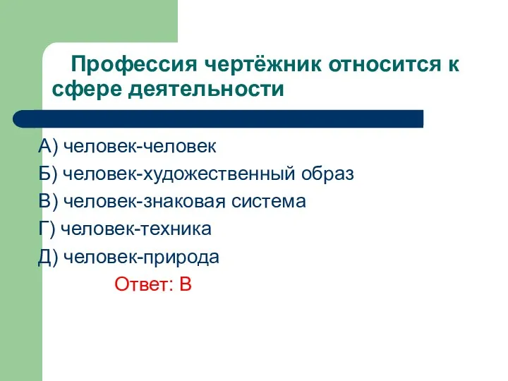 Профессия чертёжник относится к сфере деятельности A) человек-человек Б) человек-художественный