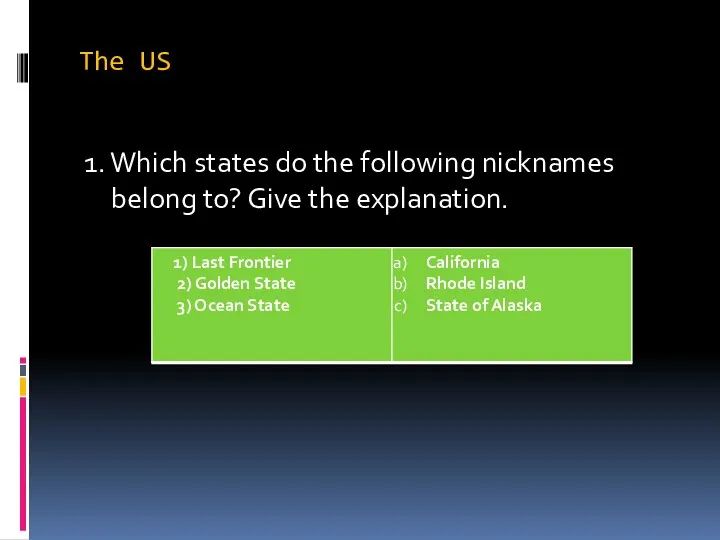 The US 1. Which states do the following nicknames belong to? Give the explanation.