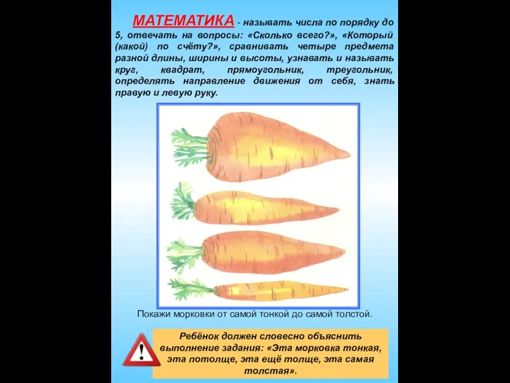 МАТЕМАТИКА - называть числа по порядку до 5, отвечать на вопросы: «Сколько всего?»,