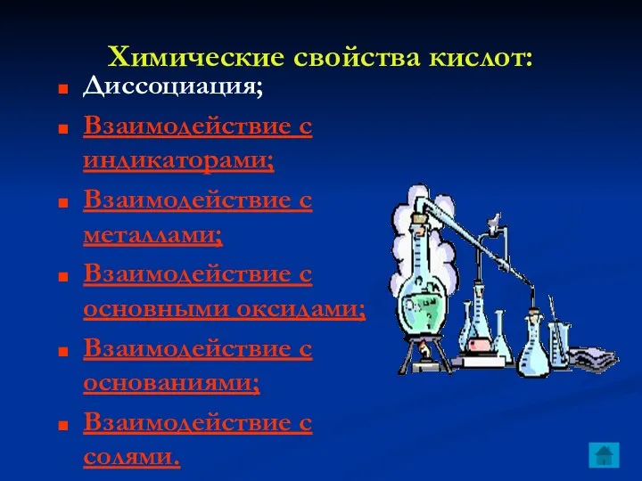 Химические свойства кислот: Диссоциация; Взаимодействие с индикаторами; Взаимодействие с металлами;