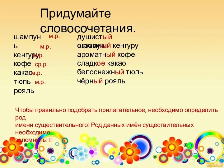 Придумайте словосочетания. шампунь кенгуру кофе какао тюль рояль Чтобы правильно