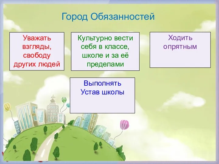 Город Обязанностей Уважать взгляды, свободу других людей Культурно вести себя