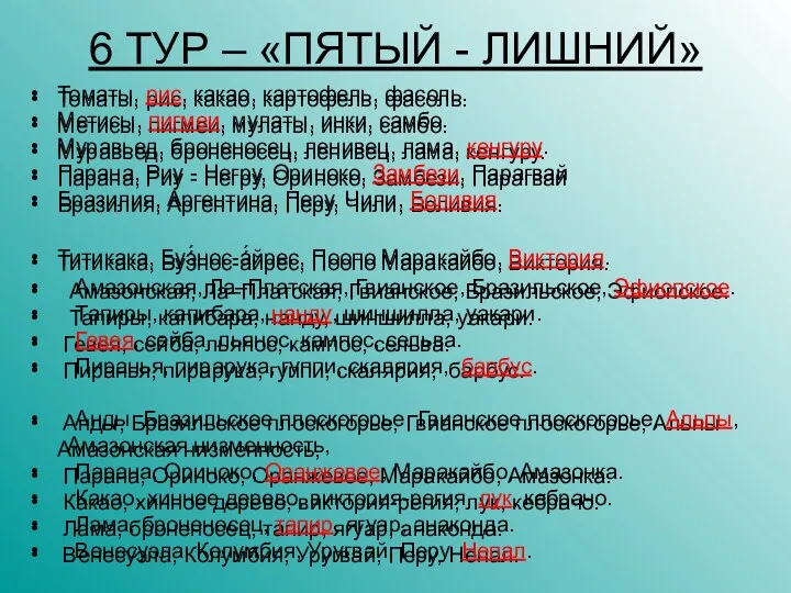 6 ТУР – «ПЯТЫЙ - ЛИШНИЙ» Томаты, рис, какао, картофель,