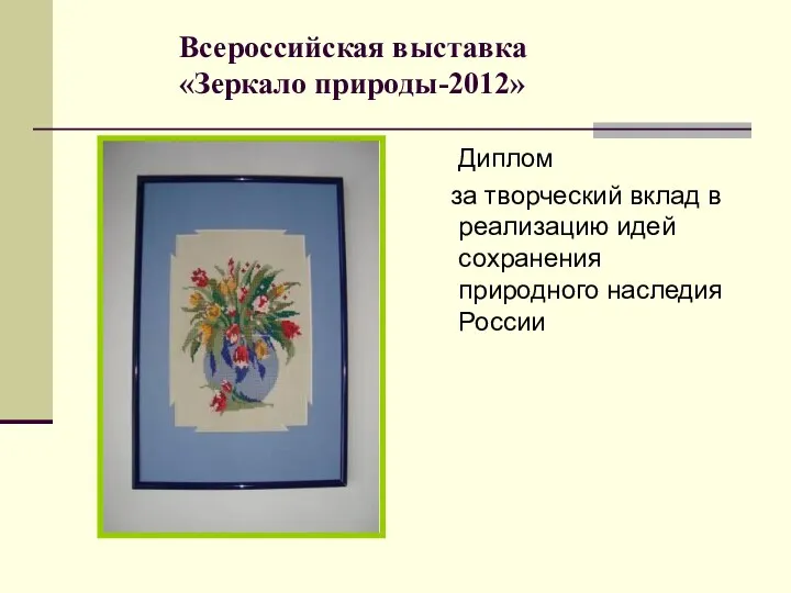 Всероссийская выставка «Зеркало природы-2012» Диплом за творческий вклад в реализацию идей сохранения природного наследия России