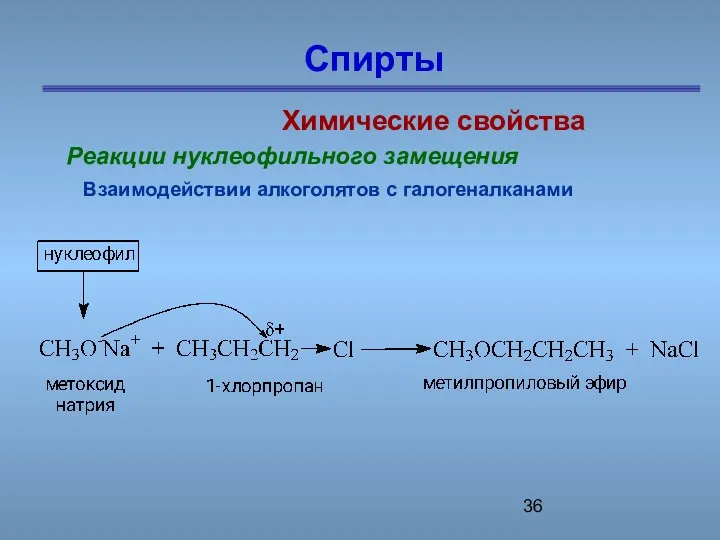 Спирты Химические свойства Реакции нуклеофильного замещения Взаимодействии алкоголятов с галогеналканами