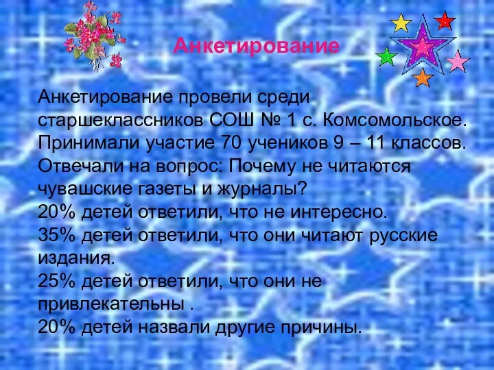 Анкетирование Анкетирование провели среди старшеклассников СОШ № 1 с. Комсомольское.