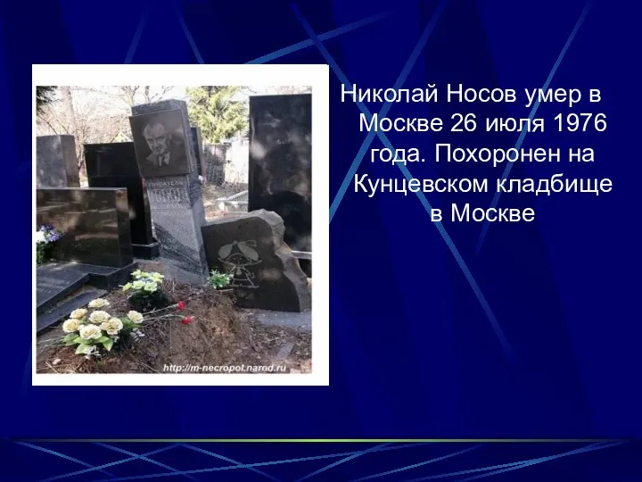 Николай Носов умер в Москве 26 июля 1976 года. Похоронен на Кунцевском кладбище в Москве