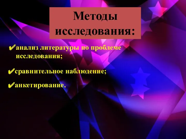 анализ литературы по проблеме исследования; анкетирование. Методы исследования: сравнительное наблюдение;