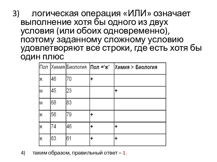 3) логическая операция «ИЛИ» означает выполнение хотя бы одного из