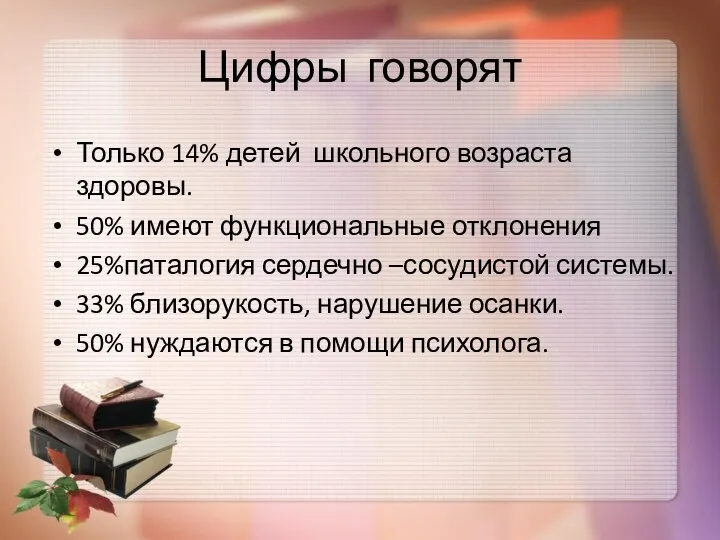 Цифры говорят Только 14% детей школьного возраста здоровы. 50% имеют функциональные отклонения 25%паталогия