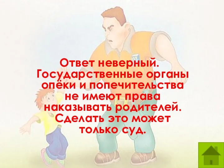 Ответ неверный. Государственные органы опёки и попечительства не имеют права наказывать родителей. Сделать