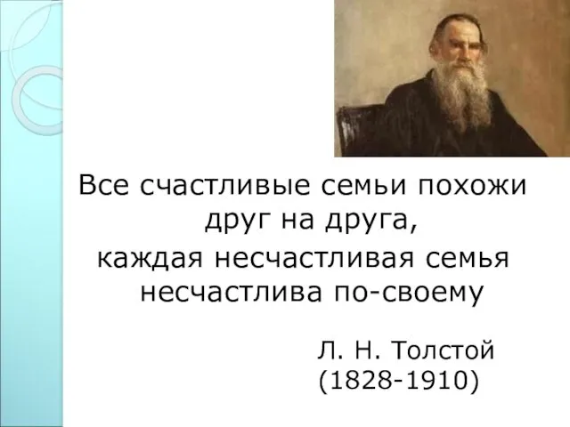 Л. Н. Толстой (1828-1910) Все счастливые семьи похожи друг на друга, каждая несчастливая семья несчастлива по-своему