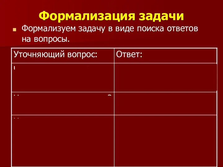 Формализация задачи Формализуем задачу в виде поиска ответов на вопросы.