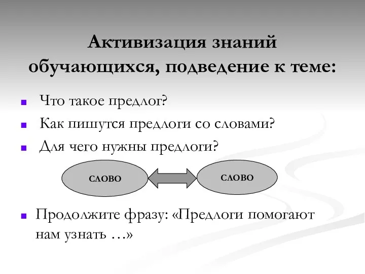 Активизация знаний обучающихся, подведение к теме: Что такое предлог? Как