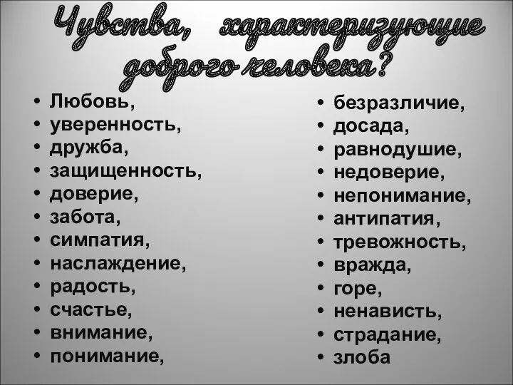 Чувства, характеризующие доброго человека ? Любовь, уверенность, дружба, защищенность, доверие,