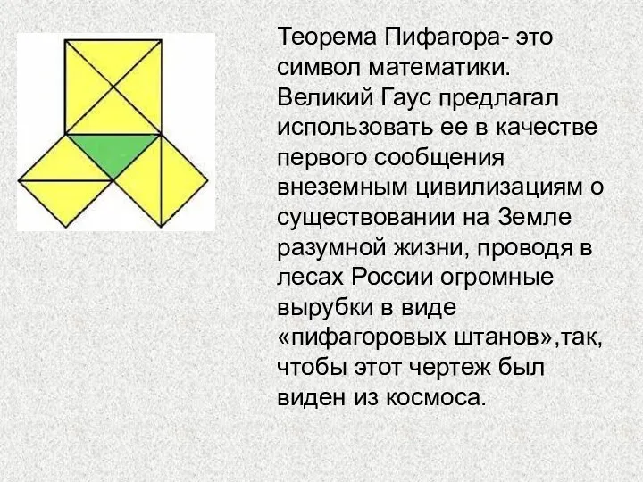 Теорема Пифагора- это символ математики. Великий Гаус предлагал использовать ее