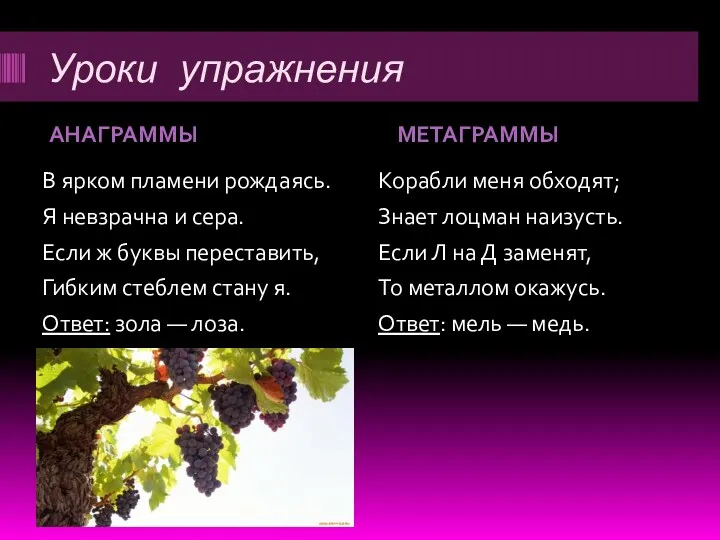 Уроки упражнения АНАГРАММЫ МЕТАГРАММЫ В ярком пламени рождаясь. Я невзрачна