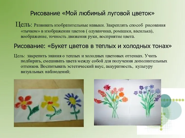Рисование «Мой любимый луговой цветок» Цель: Развивать изобразительные навыки. Закреплять